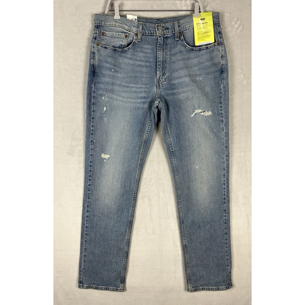 LEVIS 514 Flex Jean Men 36x34 Blue Wash Denim Straight Leg Distressed Stretch